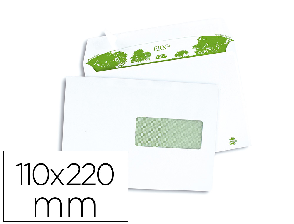 ENVELOPPE GPV DL 110X220MM 80G AUTO-ADHÉSIVE GREEN FENÊTRE  45X100MM BLANCHE BOÎTE 500 UNITÉS