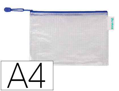 POCHETTE À ZIP TARIFOLD PVC TISSÉ TRANSPARENT A4 ULTRA-RÉSISTANT FERMETURE ÉCLAIR BORDURE BLEUE 8 UNITÉS