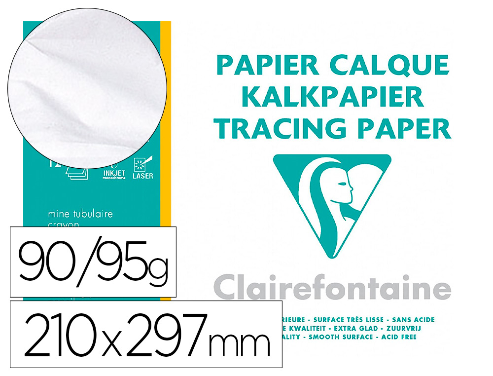 PAPIER CALQUE CLAIREFONTAINE HAUTE TRANSPARENCE 70G 21X29,7 CM TRÈS RÉSISTANT NE JAUNIT   PAS POCHETTE 12 FEUILLES