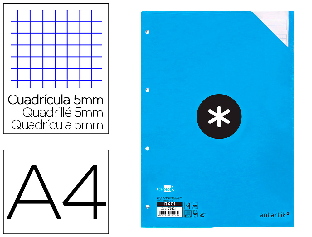 FEUILLET MOBILE LIDERPAPEL ANTARTIK A4 100 FEUILLES 100G QUADRILLAGE 5MM 4 TROUS BANDES DE 5 COULEURS