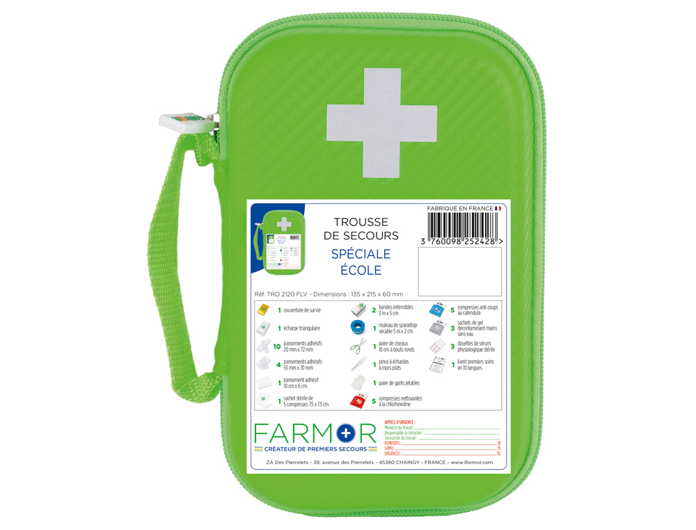 TROUSSE DE SECOURS SPÉCIALE ÉCOLE CENTRE AÉRÉ FERMETURE ZIP 6 COMPARTIMENTS 2 ACCROCHES CEINTURE CONTENANCE 77 PIÈCES