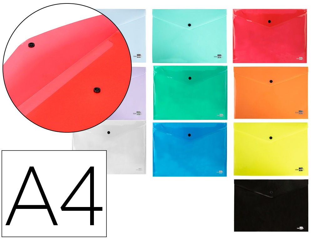 POCHETTE ENVELOPPE LIDERPAPEL POLYPROPYLNE 180 MICRONS A4 297X210MM 50F FERMETURE BOUTON COLORIS ASSORTIS PACK 5 UNITS