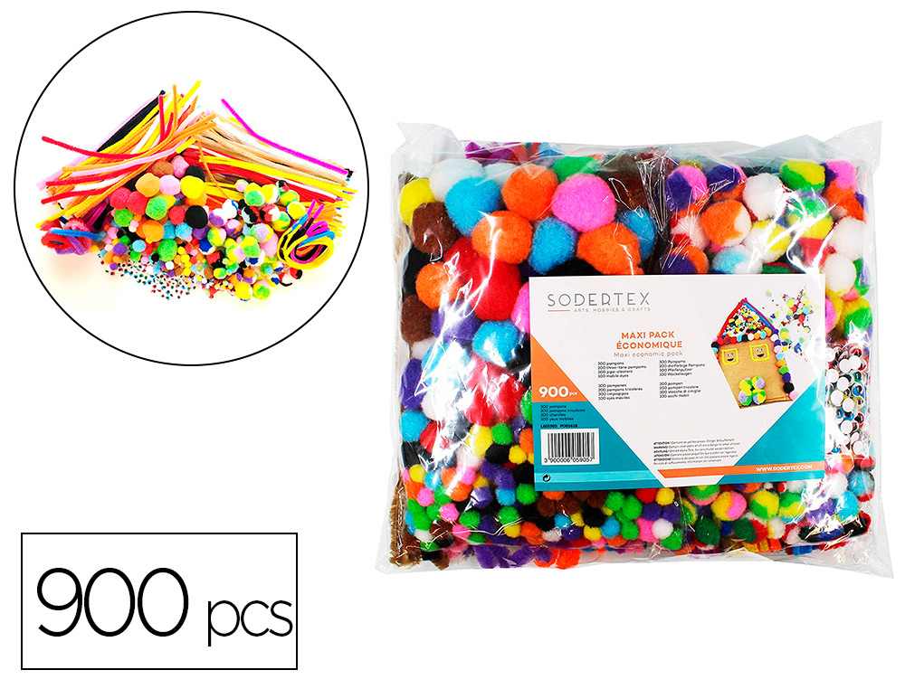 PACK CREATIF SODERTEX DE 900 PCS AVEC POMPONS NORMAUX ET   TRICOLORES, CHENILLES ET YEUX MOBILES COLORIS ASSORTIS