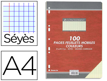 FEUILLET MOBILE CONQUÉRANT SEPT A4 210X297MM 100 PAGES 80G SÉYÈS PERFORÉ COLORIS JAUNE