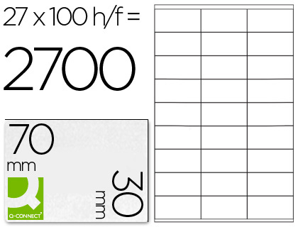 ÉTIQUETTE ADHÉSIVE Q-CONNECT 70X30MM COINS DROITS IMPRIMANTE JET D'ENCRE LASER COPIEUR BOÎTE 100 FEUILLES 2700 UNITÉS