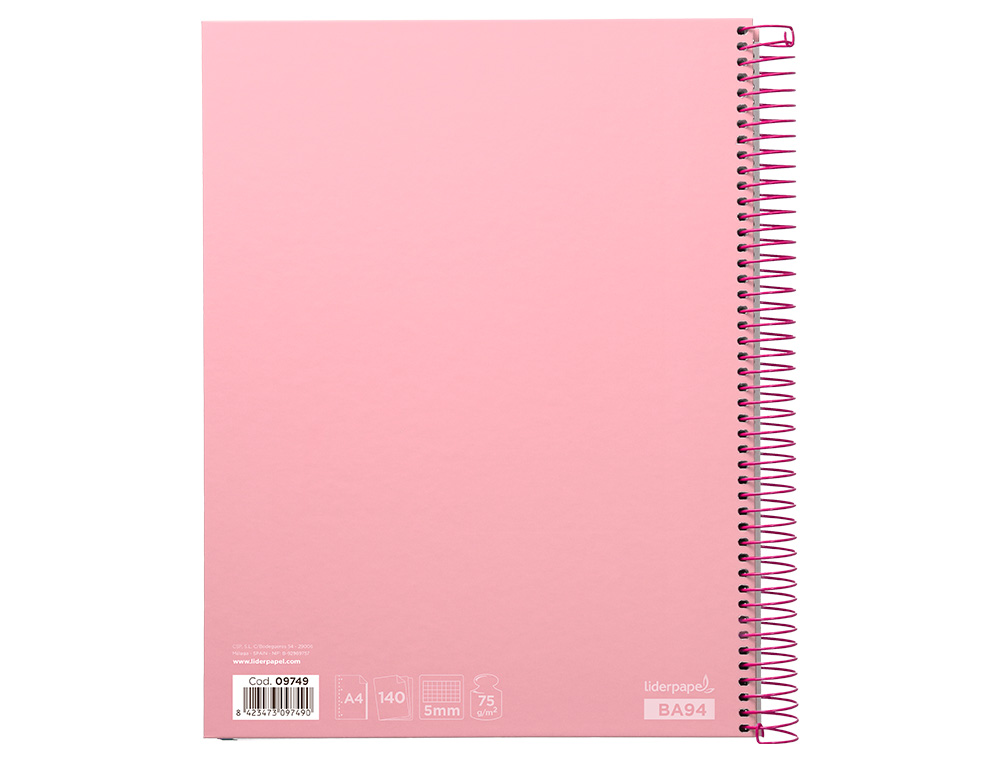 CAHIER SPIRALE LIDERPAPE JOLLYCOUVERTURE CONTRECOLLÉE A4 280P 75G/M2 5X5MM MICROPERFORÉ 4 TROUS COLORIS ROSE