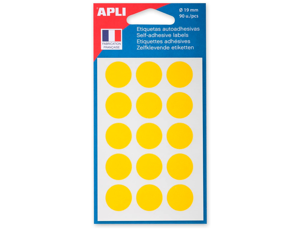 PASTILLE ADHÉSIVE APLI AGIPA DIAMÈTRE 19MM PERMANENTE COLORIS JAUNE POCHETTE 90 UNITÉS