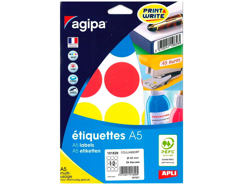 PASTILLE ADHSIVE APLI AGIPA DIAMTRE 45MM COLORIS ASSORTIS POCHETTE 84 UNITS