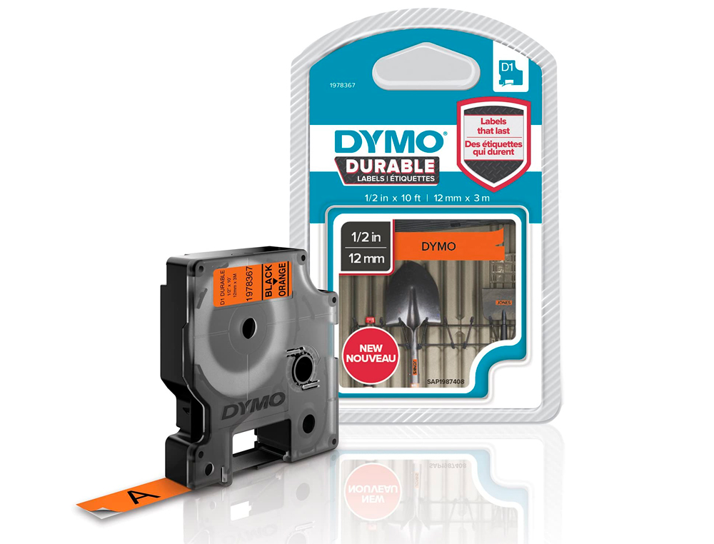RUBAN DYMO D1 POLYESTER ADHÉSIF PERMANENT 12MMX3M NOIR/ORANGE