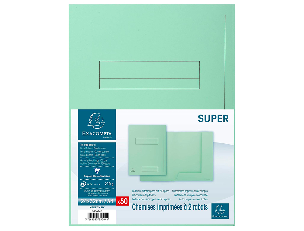 CHEMISE EXACOMPTA SUPER CARTE SEMI RIGIDE 240X320MM 210G IMPRIMÉE 2 RABATS COLORIS VERT CLAIR LOT 50 UNITÉS