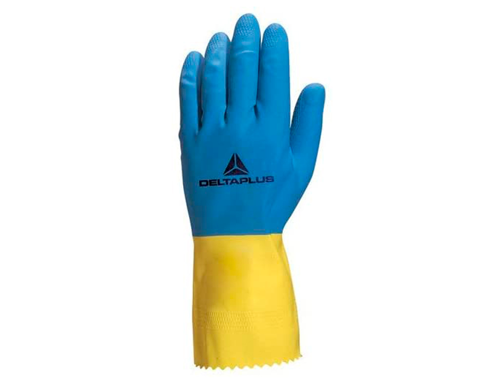 GANT MÉNAGE DELTAPLUS LATEX FLOQUÉ LONGUEUR 30CM ÉPAISSEUR 0.60MM COLORIS BLEU/JAUNE TAILLE 7/8 PAIRE