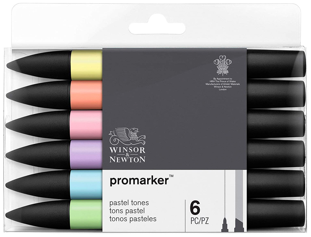 MARQUEUR PROFESSIONNEL W&N PROMARKER DOUBLE POINTE TONS PASTELS BOUTON D'OR PÊCHE ROSE LAVANDE BLEU CIEL VERT 6 UNITÉS
