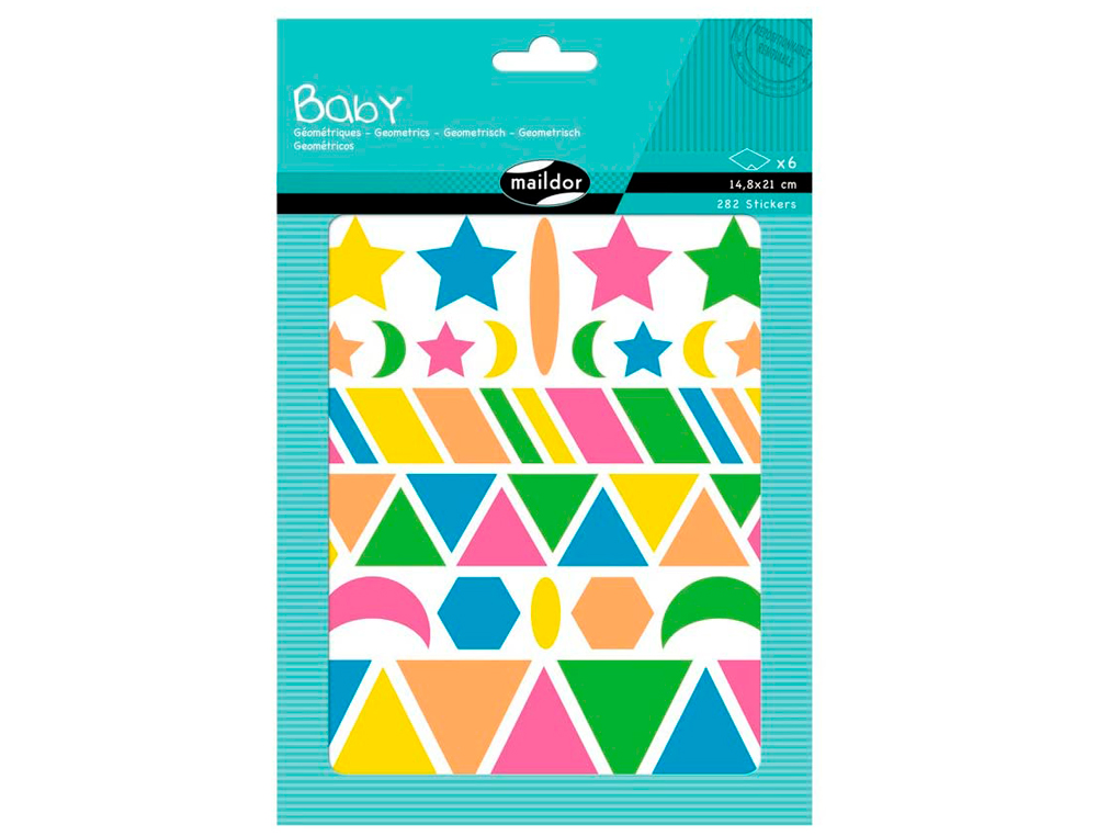 GOMMETTE MAXI MAILDOR BABY FORMES GÉOMÉTRIQUES REPOSITIONNABLE 148X210MM COLORIS FLUO 6 PLANCHES 282 UNITÉS