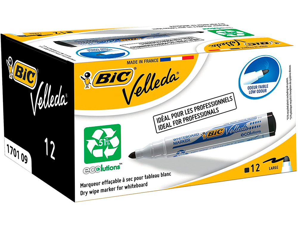 MARQUEUR BIC VELLEDA 1701 EFFAABLE POINTE OGIVE TRAC 1-5MM ENCRE BASE ALCOOL INODORE CORPS PLASTIQUE NOIR