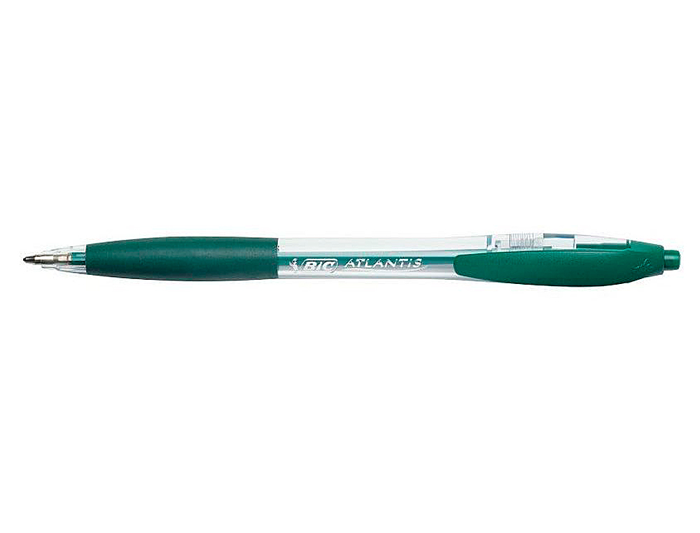 STYLO-BILLE BIC ATLANTIS ÉCRITURE MOYENNE 0.5MM ENCRE DOUCE BILLE RÉCTRACTABLE CORPS CRISTAL CLIP GRIP PRÉHENSION VERT