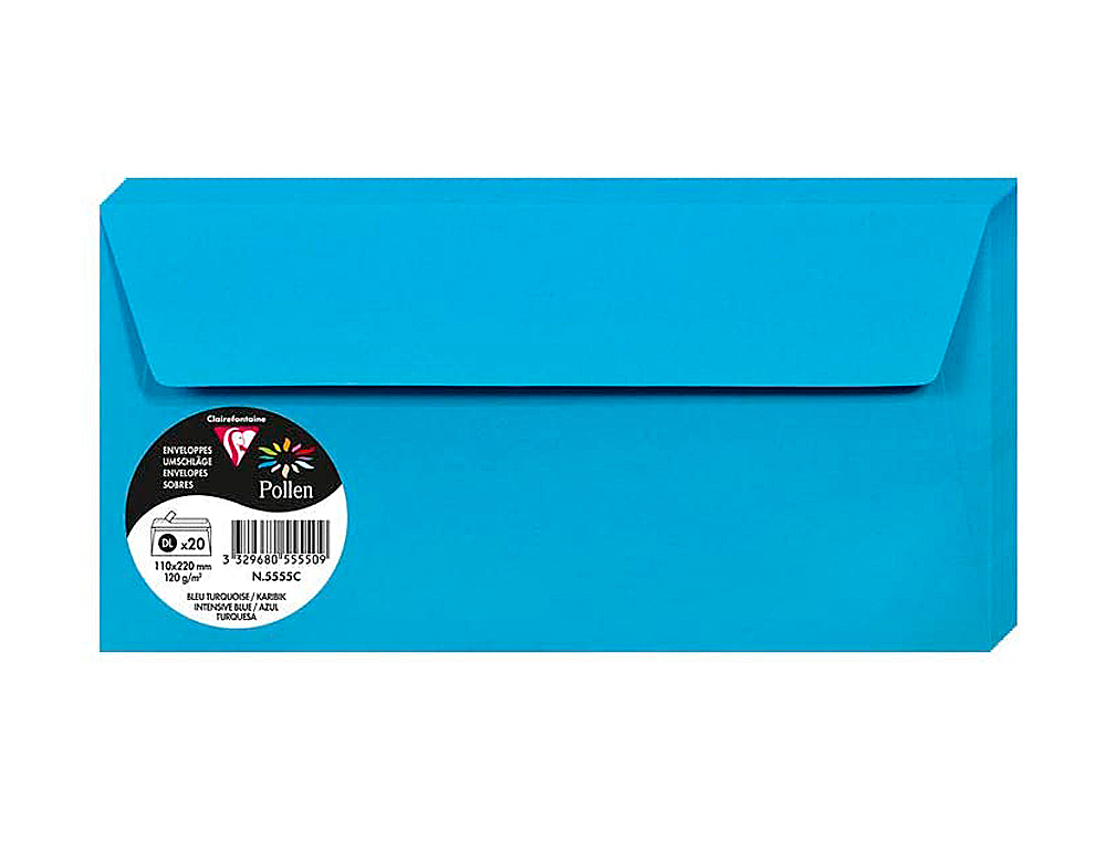 ENVELOPPE CLAIREFONTAINE POLLEN DL 110X220MM 120G COLORIS BLEU TURQUOISE PAQUET 20 UNITS