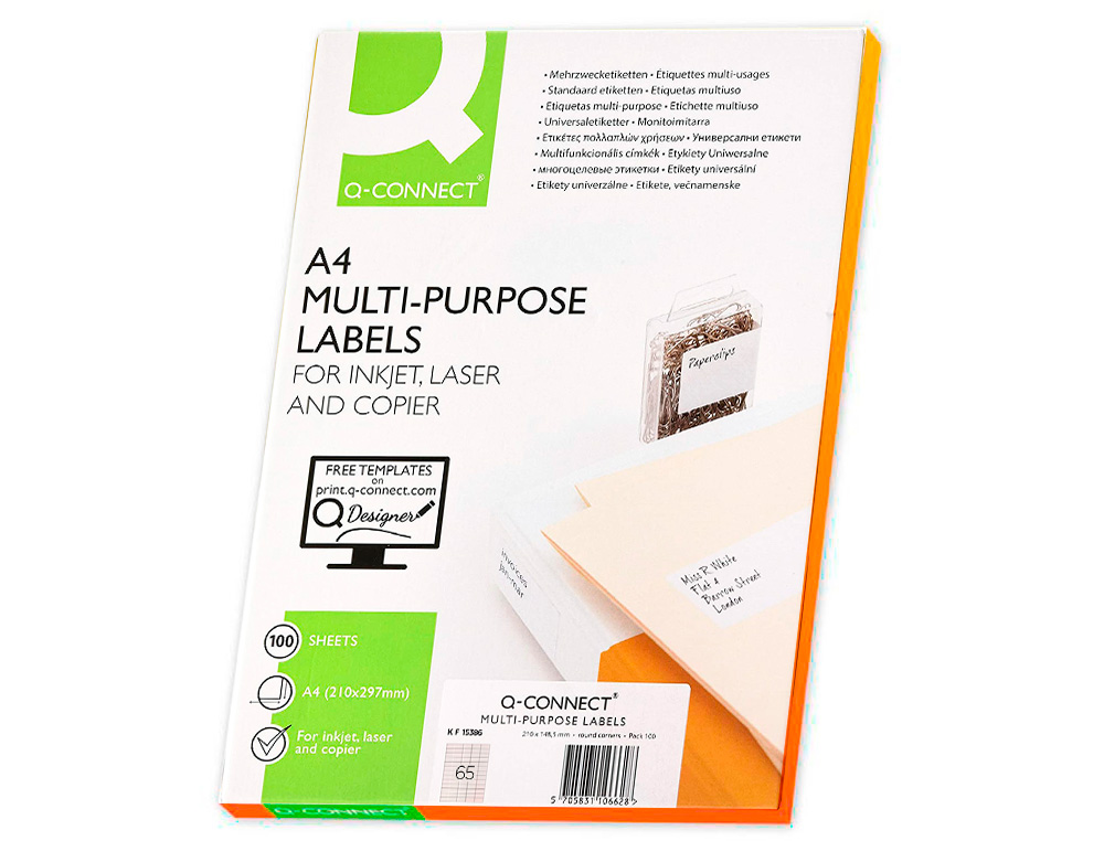 TIQUETTE ADHSIVE Q-CONNECT 38.1X21.2MM COINS DROITS IMPRIMANTE JET D'ENCRE LASER COPIEUR 100 FEUILLES 6500 UNITS