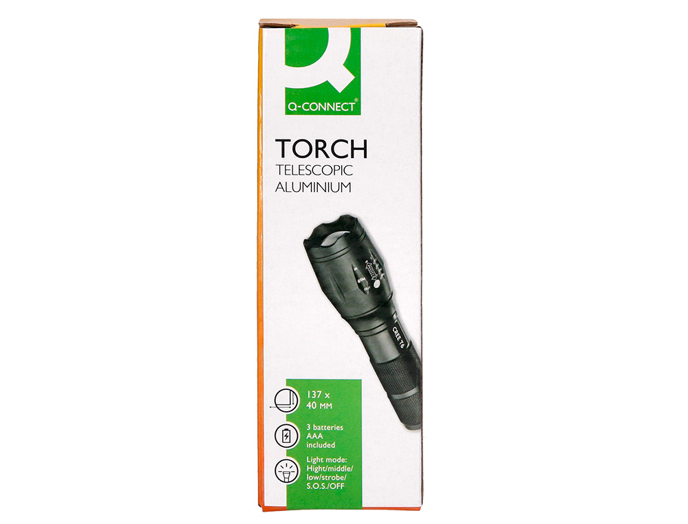 LAMPE TORCHE Q-CONNECT TLESCOPIQUE ALUMINIUM CLAIRAGE 5 NIVEAUX BOUTON ARRET 3 PILES AAA FOURNIES COLORIS NOIR
