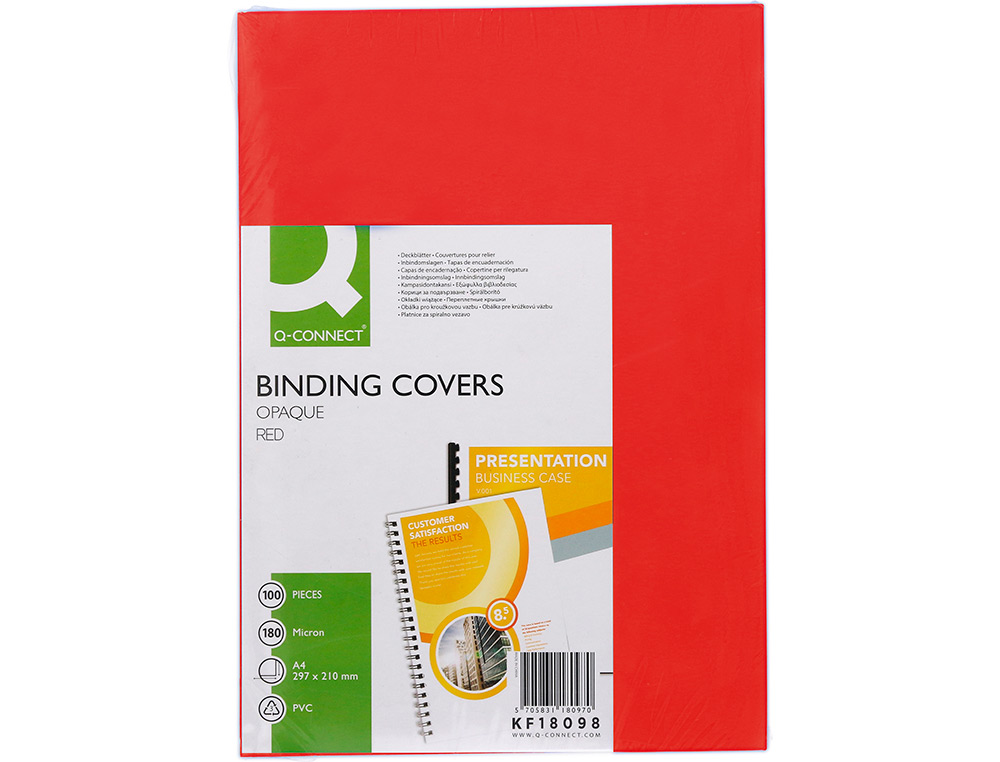 PLAT COUVERTURE Q-CONNECT PVC 180 MICRONS A4 RELIEURS SPIRALES PEIGNES ANNEAUX COLORIS ROUGE BOTE 100 UNITS