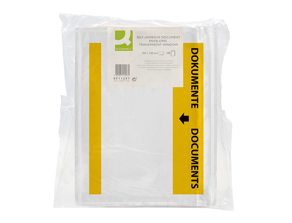 POCHETTE PORTE-DOCUMENTS Q-CONNECT 225X165MM AUTO-ADHESIVE TRANSPARENTE TEXTE FRANCAIS ALLEMAND BOITE 100 UNITES