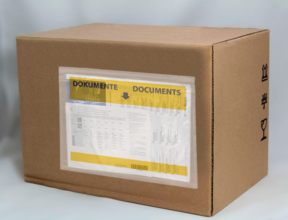 POCHETTE PORTE-DOCUMENTS Q-CONNECT 225X165MM AUTO-ADHESIVE TRANSPARENTE TEXTE FRANCAIS ALLEMAND BOITE 100 UNITES