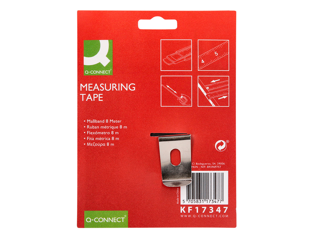 METRE ENROULEUR Q-CONNECT CAOUTCHOUC FREIN MATERIEL     ANTICHOC LARGEUR 25MM         LONGUEUR 8M
