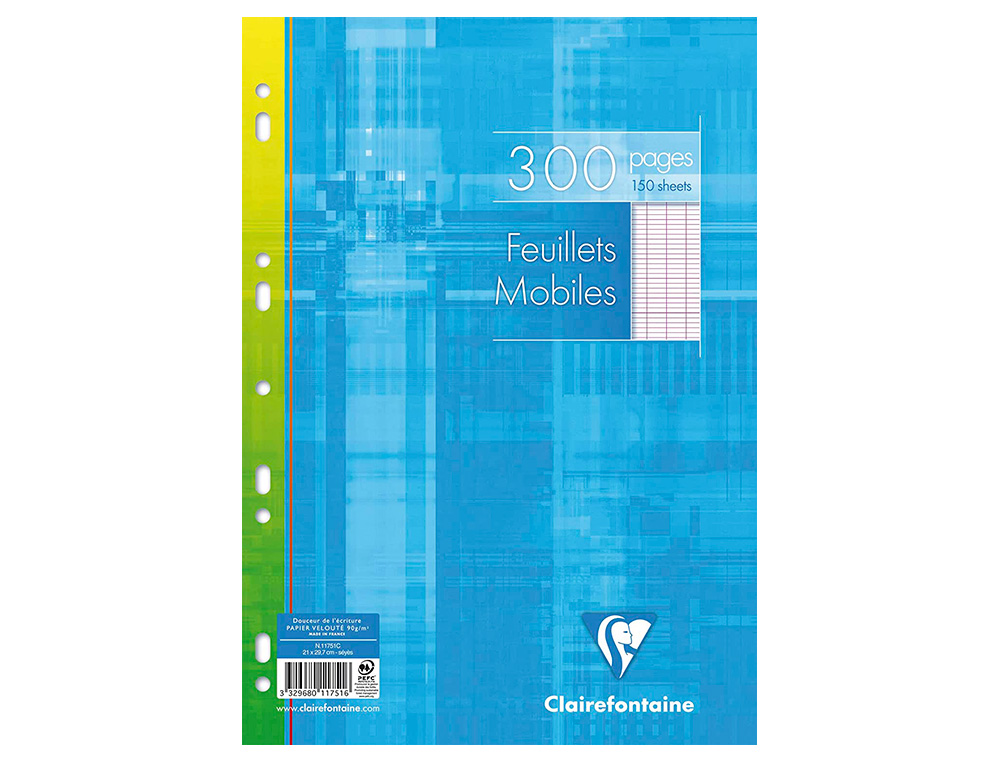 FEUILLET MOBILE CLAIREFONTAINE A4 21X29,7CM PAPIER VELIN VELOUTE 150 PAGES 90G SEYES PERFOREES SOUS FILM COLORIS BLANC