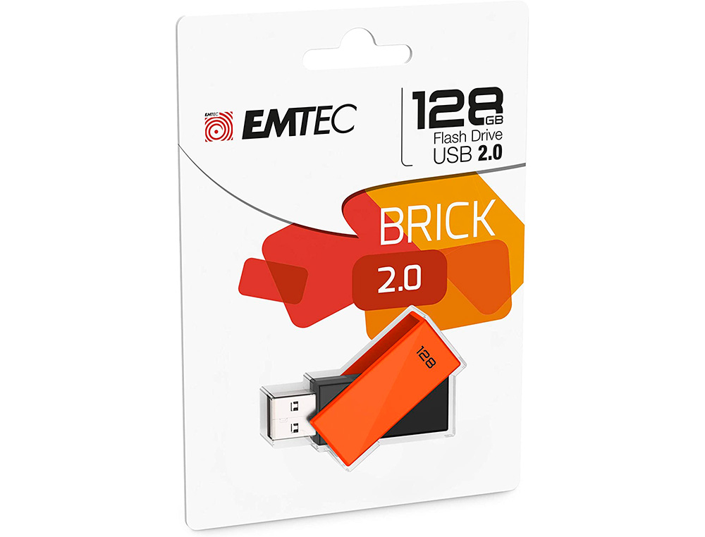 CLE USB EMTEC 2.0 C350 BRICK PIVOTANTE 128GB VITESSE LECTURE 15MBS ECRITURE MB/S COLORIS ORANGE