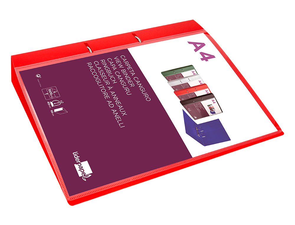 CLASSEUR KANGOUROU LIDERPAPEL 2 ANNEAUX EN D 40MM           POLYPROPYLENE 283X320MM       DOCUMENT A4 COLORIS ROUGE