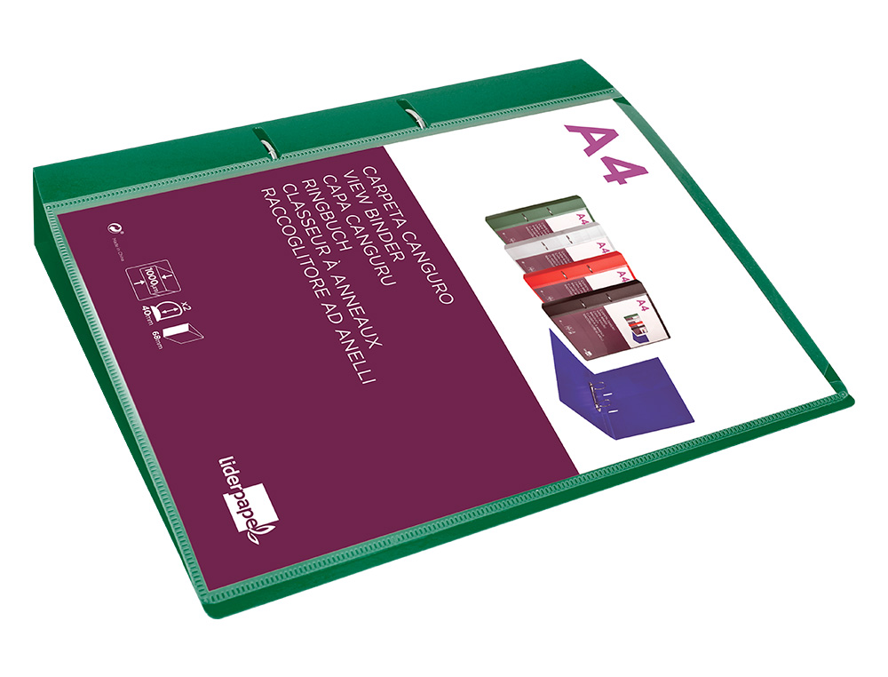 CLASSEUR KANGOUROU LIDERPAPEL 2 ANNEAUX EN D 40MM           POLYPROPYLENE 283X320MM       DOCUMENT A4 COLORIS VERT