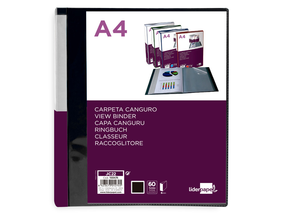 PROTEGE-DOCUMENTS LIDERPAPEL PERSONNALISABLE KANGOUROU     POLYPROPYLENE 60 POCHETTES    FIXES A4 COLORIS NOIR OPAQUE