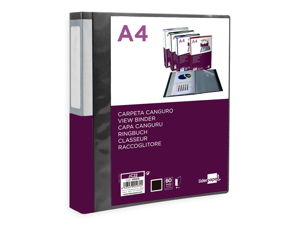 PROTEGE-DOCUMENTS LIDERPAPEL PERSONNALISABLE KANGOUROU     POLYPROPYLENE 60 POCHETTES    FIXES A4 COLORIS NOIR OPAQUE