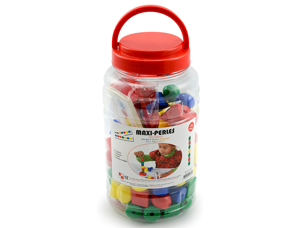PERLE MAXI OZ INTERNATIONAL 3 FORMES 4 COLORIS CONTIENT 75 PERLES 6 LACETS 65CM 1 ABAQUE 16 FICHES ACTIVITÉ DÈS 2 ANS