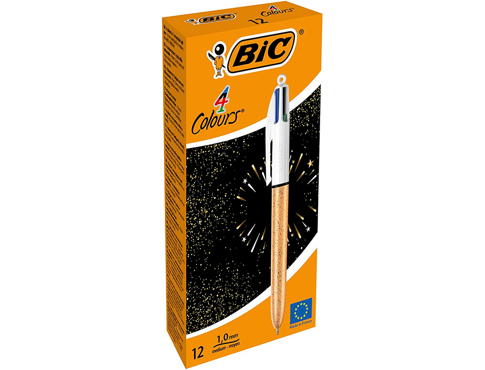 STYLO-BILLE BIC 4 COULEURS FESTIF RETRACTABLE            RECHARGEABLE POINTE MOYENNE   1MM CORPS LARGE BLANC/DORE