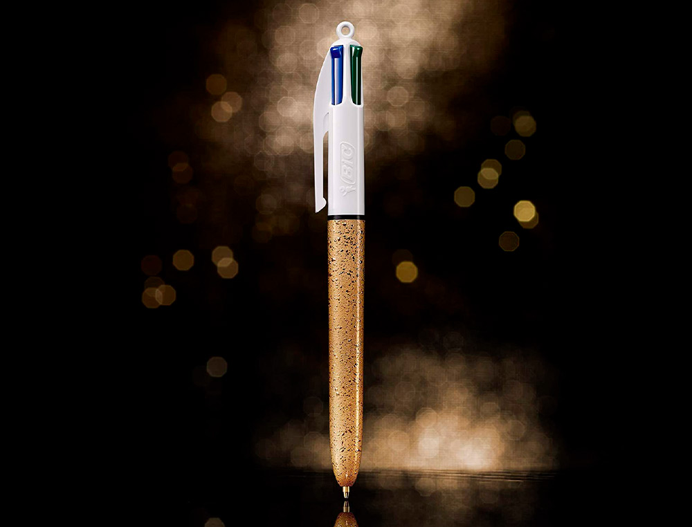 STYLO-BILLE BIC 4 COULEURS FESTIF RETRACTABLE            RECHARGEABLE POINTE MOYENNE   1MM CORPS LARGE BLANC/DORE