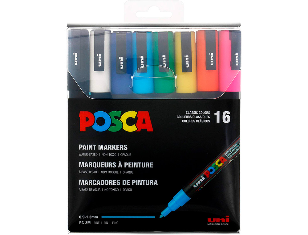 MARQUEUR PEINTURE POSCA PC3M POINTE FINE CONIQUE ENCRE     INODORE COUVRANTE SET 16      UNITES ASSORTIES