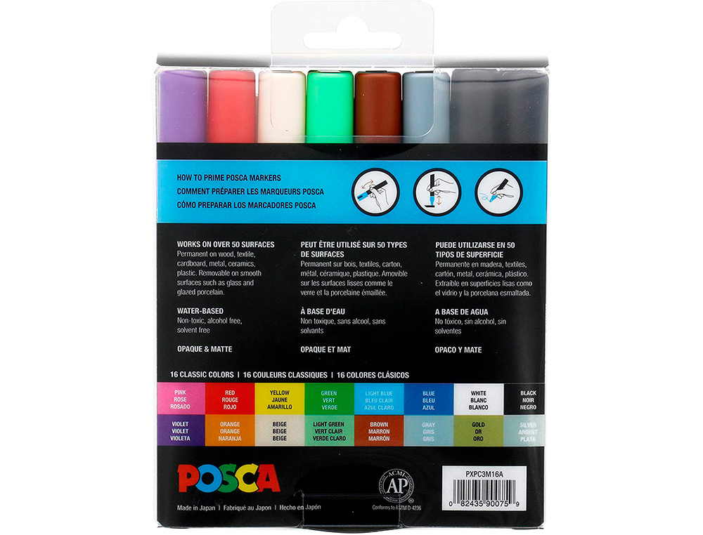 MARQUEUR PEINTURE POSCA PC3M POINTE FINE CONIQUE ENCRE     INODORE COUVRANTE SET 16      UNITES ASSORTIES