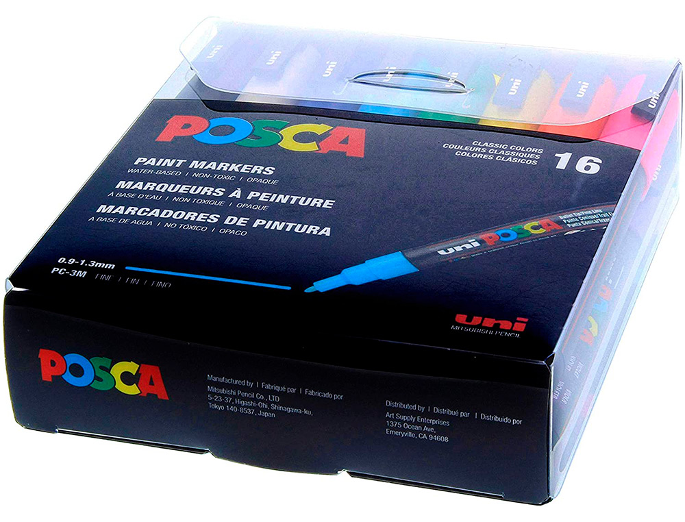 MARQUEUR PEINTURE POSCA PC3M POINTE FINE CONIQUE ENCRE     INODORE COUVRANTE SET 16      UNITES ASSORTIES