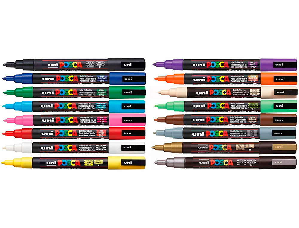MARQUEUR PEINTURE POSCA PC3M POINTE FINE CONIQUE ENCRE     INODORE COUVRANTE SET 16      UNITES ASSORTIES