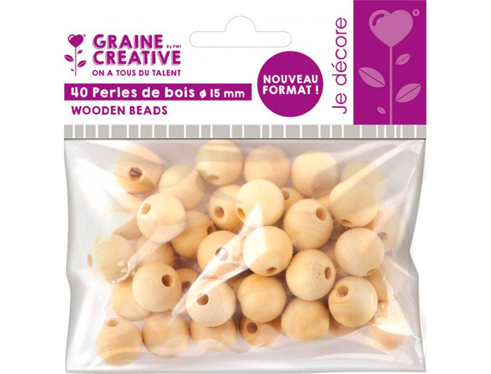 PERLES EN BOIS GRAINE CREATIVE DIAMETRE 15MM SACHET 40 PIECES