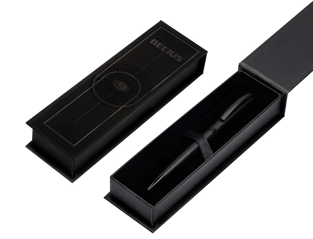 STYLO-BILLE BELIUS TURBO MONOCHROME ALUMINIUM TEXTURE POINTILLEE ENCRE BLEUE COLORIS NOIR DANS COFFRET CADEAU