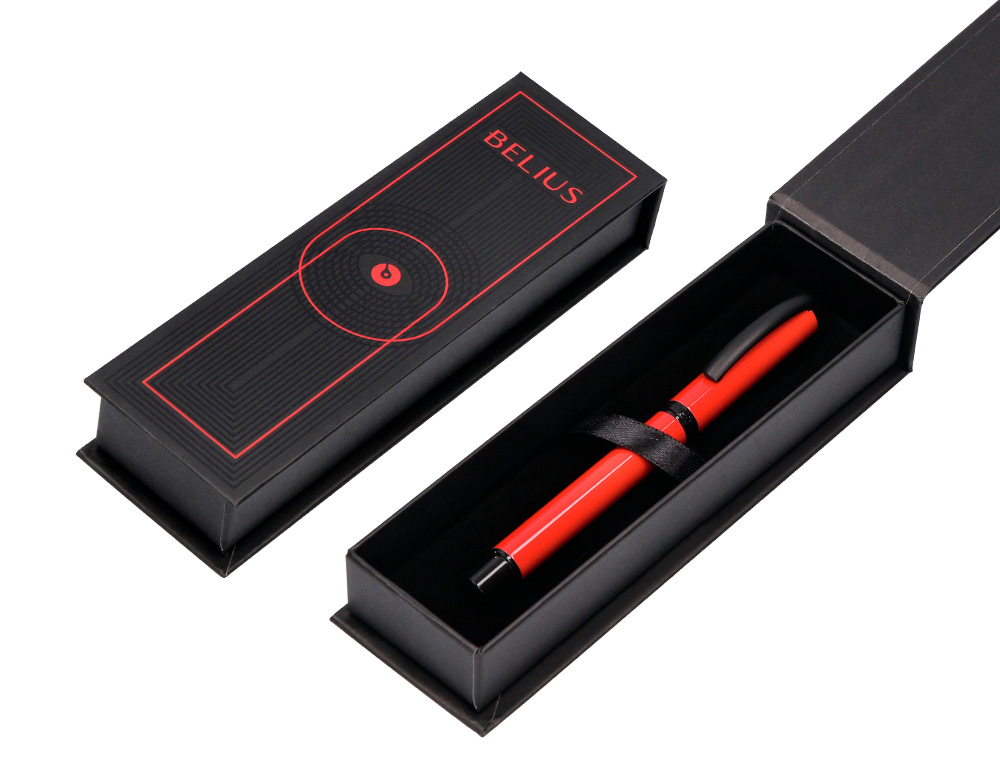 ROLLER BELIUS TURBO ALUMINIUM TEXTURE POINTILLEE ATTRIBUTS  NOIR ENCRE BLEUE COLORIS      ROUGE DANS COFFRET CADEAU