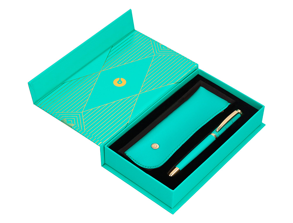 STYLO-PLUME ET ETUI SIMILI CUIR BELIUS SOIREE ALUM. DETAILS ET ATTRIBUTS OR ENCRE BLEUE COLORIS TURQUOISE COFFRET CADEAU
