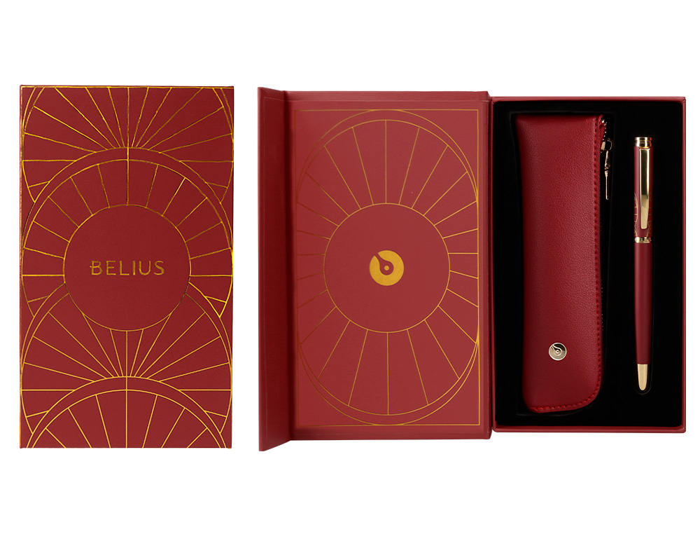 STYLO-BILLE ET ETUI SIMILI CUIR BELIUS SOIREE ALUM. DETAILS ET ATTRIBUTS OR ENCRE BLEUE COLORIS BORDEAUX COFFRET CADEAU