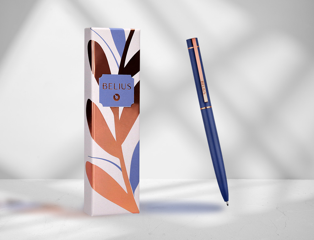 STYLO-BILLE BELIUS ROSE ALUMINIUM DETAILS ET ATTRIBUTS OR ROSE ENCRE BLEUE COLORIS BLEU ELECTRIQUE DANS COFFRET CADEAU