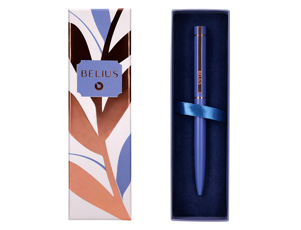 STYLO-BILLE BELIUS ROSE ALUMINIUM DETAILS ET ATTRIBUTS OR ROSE ENCRE BLEUE COLORIS BLEU ELECTRIQUE DANS COFFRET CADEAU