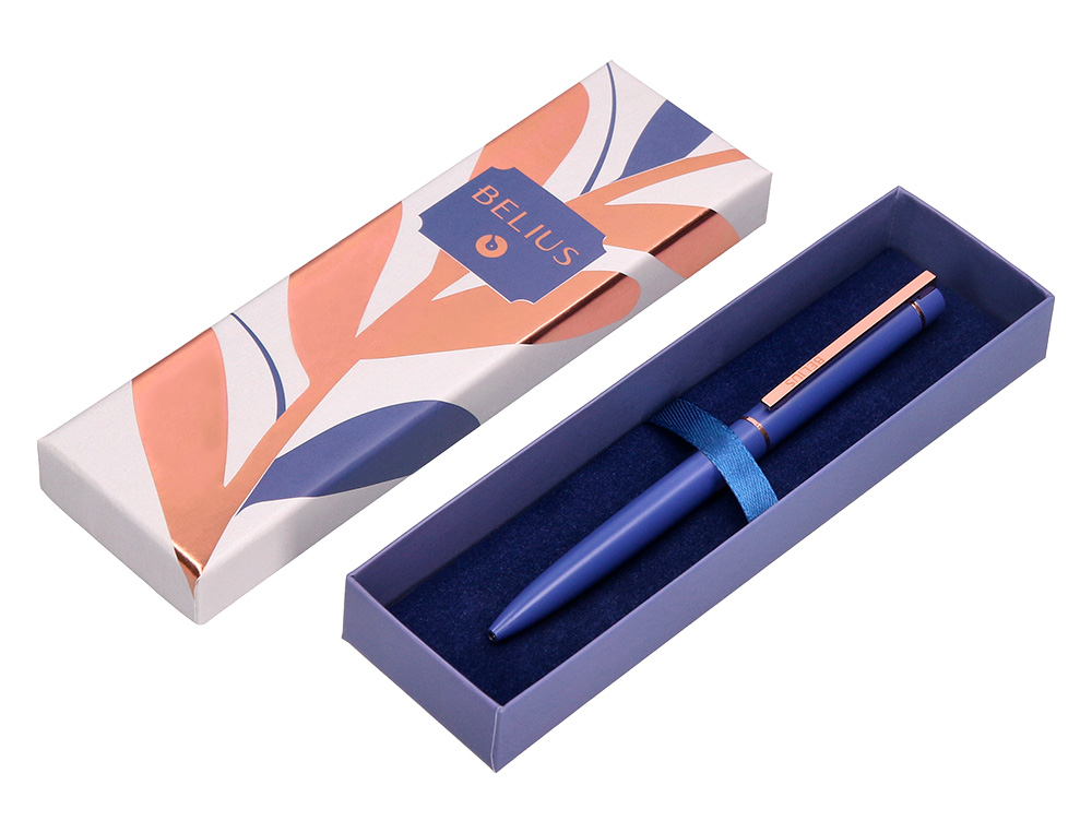 STYLO-BILLE BELIUS ROSE ALUMINIUM DETAILS ET ATTRIBUTS OR ROSE ENCRE BLEUE COLORIS BLEU ELECTRIQUE DANS COFFRET CADEAU