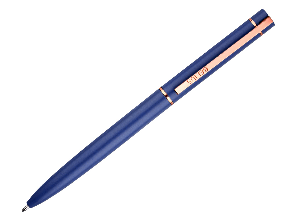 STYLO-BILLE BELIUS ROSE ALUMINIUM DETAILS ET ATTRIBUTS OR ROSE ENCRE BLEUE COLORIS BLEU ELECTRIQUE DANS COFFRET CADEAU