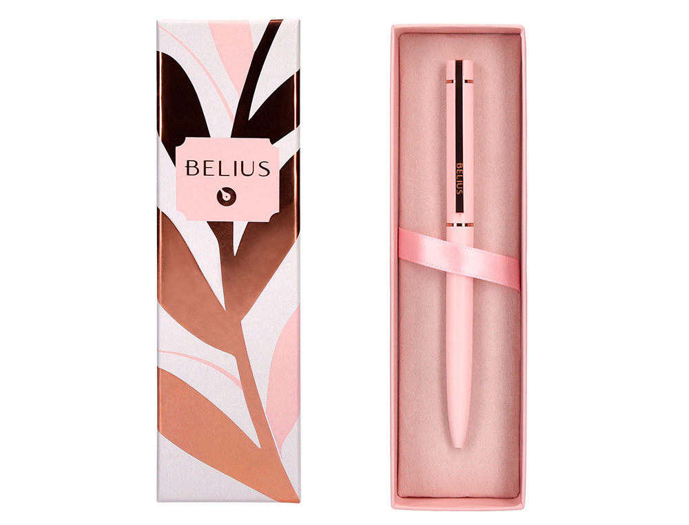 STYLO-BILLE BELIUS ROSE ALUMINIUM DETAILS ET ATTRIBUTS OR ROSE ENCRE BLEUE COLORIS ROSE DANS COFFRET CADEAU