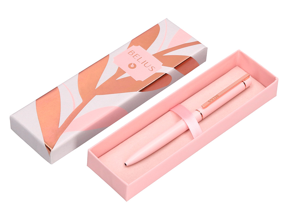 STYLO-BILLE BELIUS ROSE ALUMINIUM DETAILS ET ATTRIBUTS OR ROSE ENCRE BLEUE COLORIS ROSE DANS COFFRET CADEAU